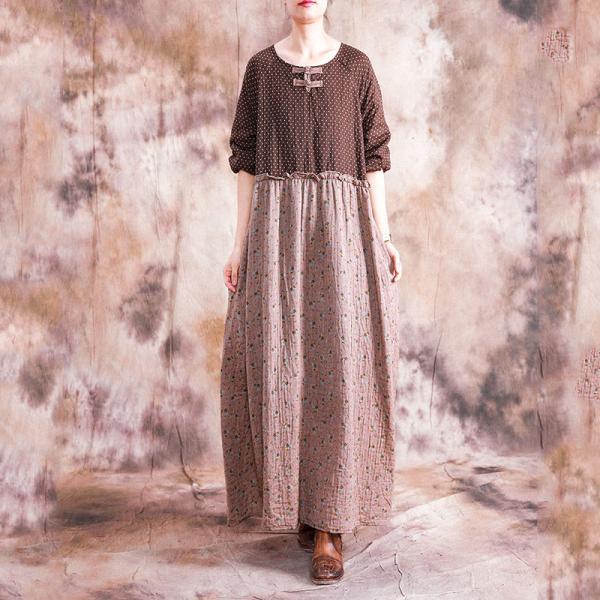 Japanese Style Cotton Linen Shift Dress High-Waisted Floral Print Dress