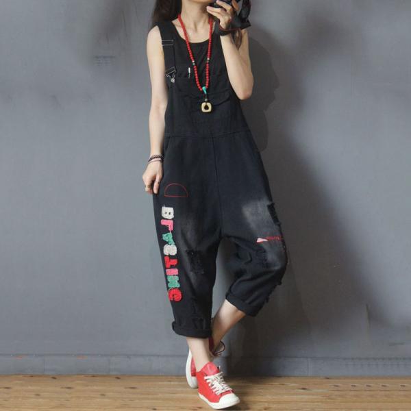 Letter Patchwork Embellishment One Pieces Pants Casual Plain Overalls