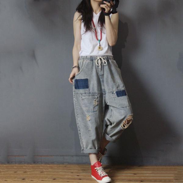 Drawstring Waist 90s Mom Jeans Womens Baggy Ripped Jeans