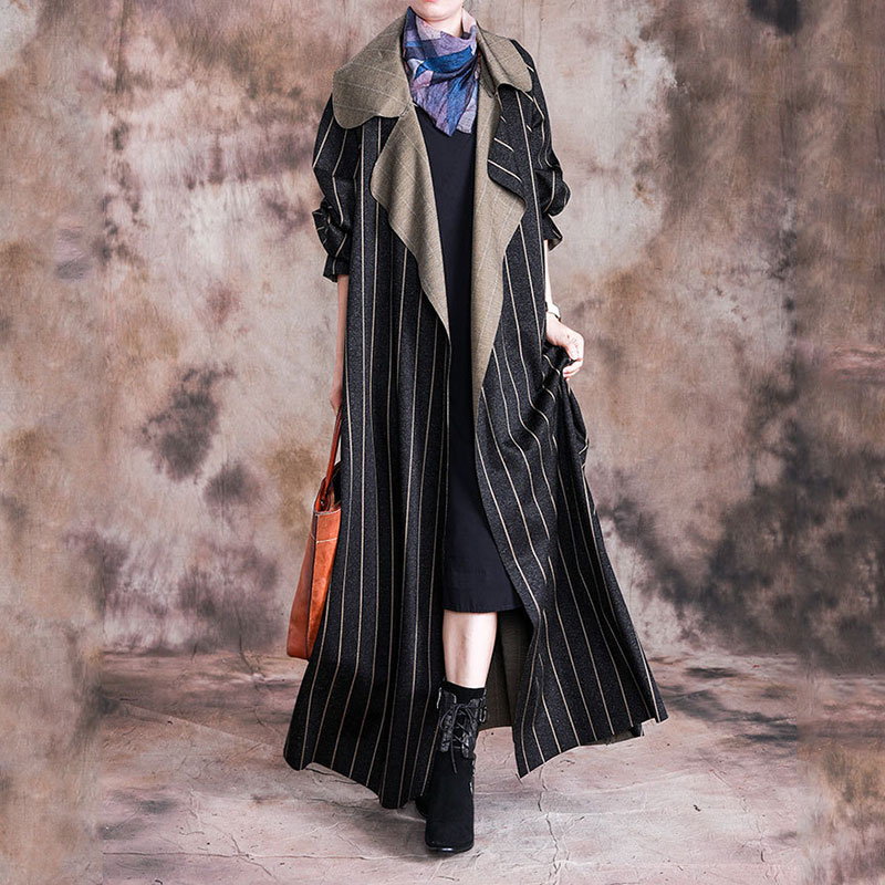 Winter Fashion Maxi Striped Coat Womans Wool Black Trench Coat in Black ...