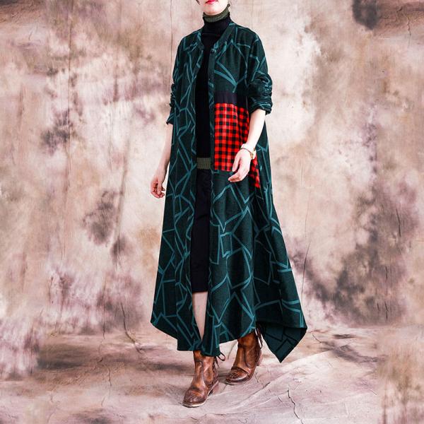 Red Checks Patchwork Asymmetrical Coat Cotton Blended Geometric Outerwear