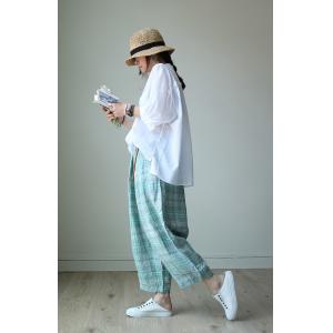 Casual Style Cotton Linen Trousers Womens Loose Gingham Pants