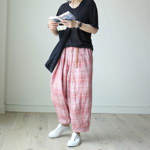 Casual Style Cotton Linen Trousers Womens Loose Gingham Pants