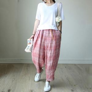 Casual Style Cotton Linen Trousers Womens Loose Gingham Pants
