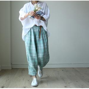 Casual Style Cotton Linen Trousers Womens Loose Gingham Pants