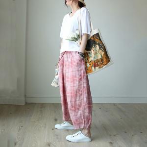 Casual Style Cotton Linen Trousers Womens Loose Gingham Pants