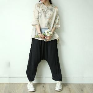 Character Printed Chinese Blouse Vintage Linen Flax Clothing