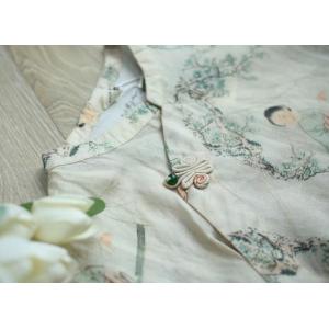 Character Printed Chinese Blouse Vintage Linen Flax Clothing