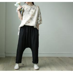 Character Printed Chinese Blouse Vintage Linen Flax Clothing