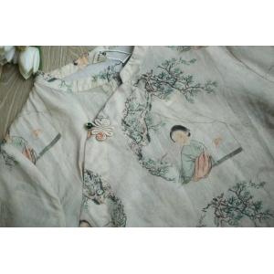 Character Printed Chinese Blouse Vintage Linen Flax Clothing