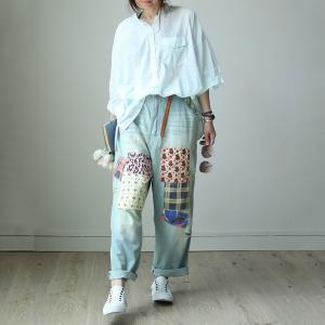 Street Style Patchwork Jeans Korean Baggy Jeans for Woman