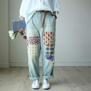 Street Style Patchwork Jeans Korean Baggy Jeans for Woman