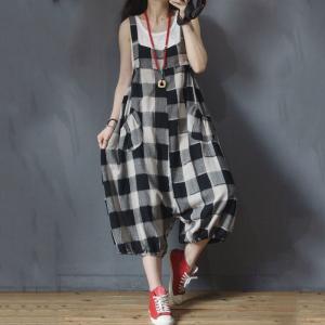 Korean Fashion Checkered Overalls Flare Large One Piece Pants