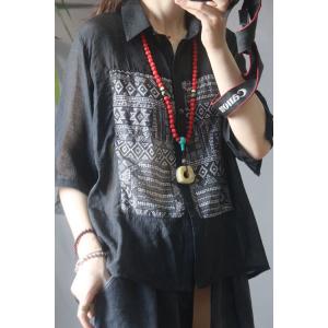 Folk Printed Black Oversized Shirt Transparent Ladies Blouse