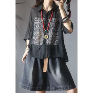 Folk Printed Black Oversized Shirt Transparent Ladies Blouse