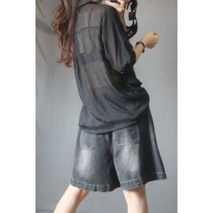 Folk Printed Black Oversized Shirt Transparent Ladies Blouse