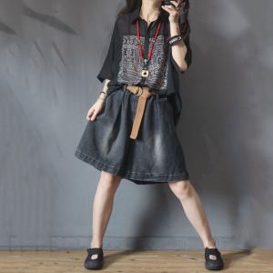 Folk Printed Black Oversized Shirt Transparent Ladies Blouse