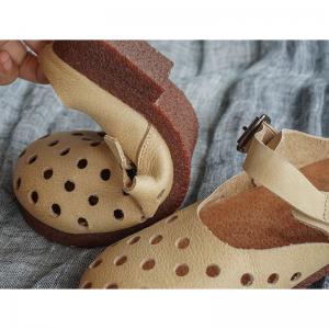 Holes Decoration Cowhide Leather Flats Breathable Handmade Sandals