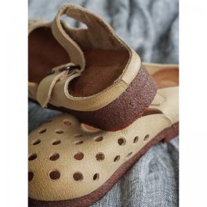 Holes Decoration Cowhide Leather Flats Breathable Handmade Sandals