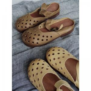 Holes Decoration Cowhide Leather Flats Breathable Handmade Sandals