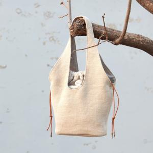 Minimalist Style Cotton Linen Korean Bucket Bag with Jacquard Lining