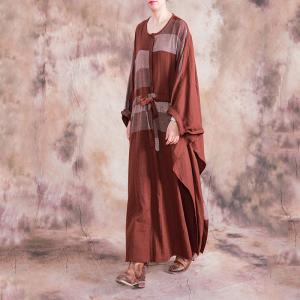 Bat Sleeve Loose Cotton Linen Caftan Checkered Drawstring Dress