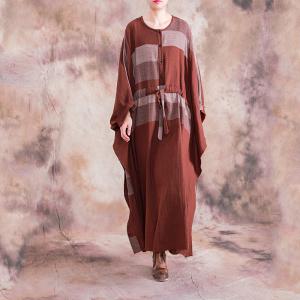 Bat Sleeve Loose Cotton Linen Caftan Checkered Drawstring Dress