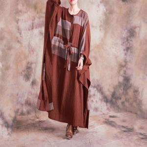 Bat Sleeve Loose Cotton Linen Caftan Checkered Drawstring Dress