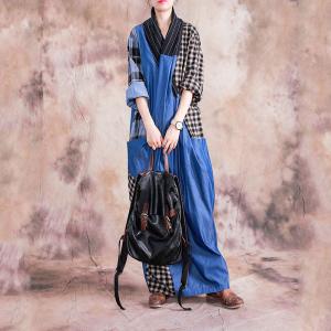 Blue Contrast Checkered Designer Dress Cotton Linen Vintage Wrap Dress