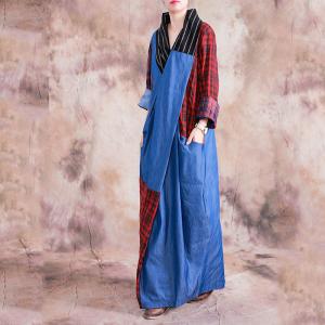 Blue Contrast Checkered Designer Dress Cotton Linen Vintage Wrap Dress