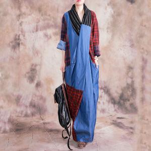 Blue Contrast Checkered Designer Dress Cotton Linen Vintage Wrap Dress