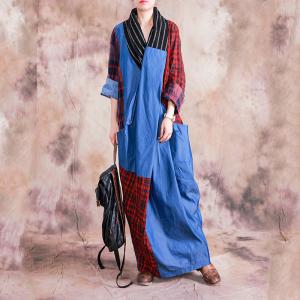 Blue Contrast Checkered Designer Dress Cotton Linen Vintage Wrap Dress