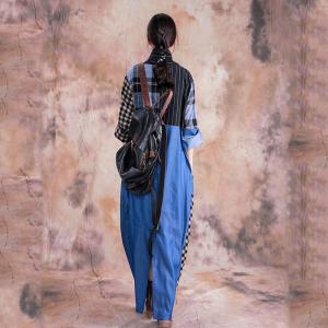 Blue Contrast Checkered Designer Dress Cotton Linen Vintage Wrap Dress