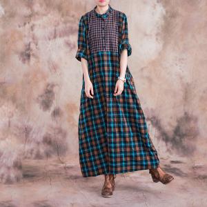 Cotton Linen Loose Gingham Dress  Long Sleeve Shift Dress