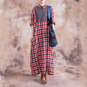 Cotton Linen Loose Gingham Dress  Long Sleeve Shift Dress