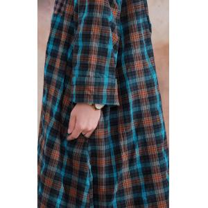 Cotton Linen Loose Gingham Dress  Long Sleeve Shift Dress