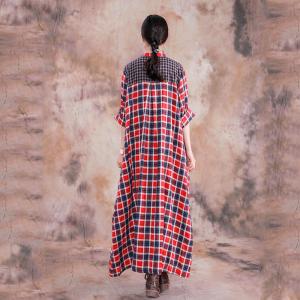 Cotton Linen Loose Gingham Dress  Long Sleeve Shift Dress