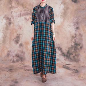 Cotton Linen Loose Gingham Dress  Long Sleeve Shift Dress