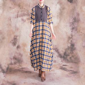 Cotton Linen Loose Gingham Dress  Long Sleeve Shift Dress