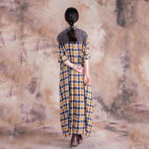 Cotton Linen Loose Gingham Dress  Long Sleeve Shift Dress