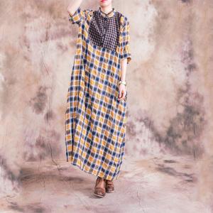 Cotton Linen Loose Gingham Dress  Long Sleeve Shift Dress