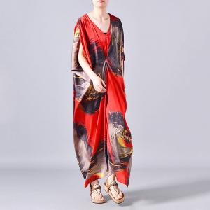 V-Neck Bat Sleeve Plus Size Dress Printed Silk Kimono Dress