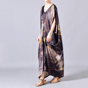 V-Neck Bat Sleeve Plus Size Dress Printed Silk Kimono Dress