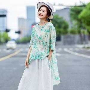 Green Floral Drawstring Shirt Asymmetrical Linen Designer Blouse