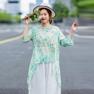 Green Floral Drawstring Shirt Asymmetrical Linen Designer Blouse