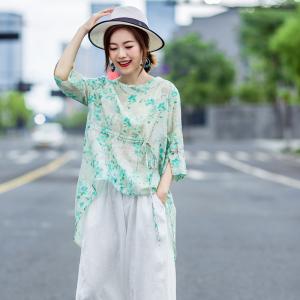Green Floral Drawstring Shirt Asymmetrical Linen Designer Blouse