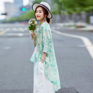 Green Floral Drawstring Shirt Asymmetrical Linen Designer Blouse