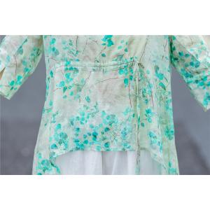 Green Floral Drawstring Shirt Asymmetrical Linen Designer Blouse