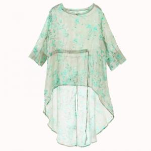 Green Floral Drawstring Shirt Asymmetrical Linen Designer Blouse