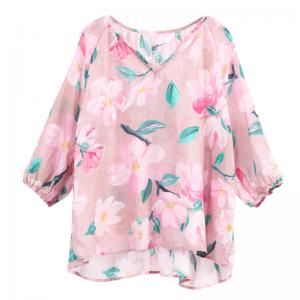 V-Neck Printed Plus Size Blouse Womens Linen Shirt